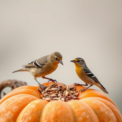 Wild birds eating pumpkin seeds