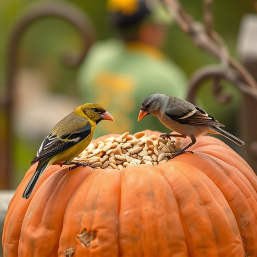 Wild birds eating pumpkin seeds