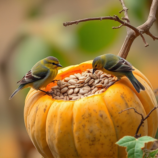 Wild birds eating pumpkin seeds