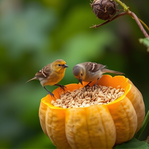 Wild birds eating pumpkin seeds