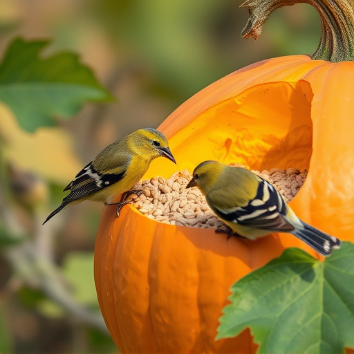 Wild birds eating pumpkin seeds