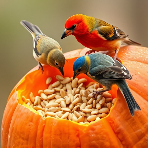 Wild birds eating pumpkin seeds