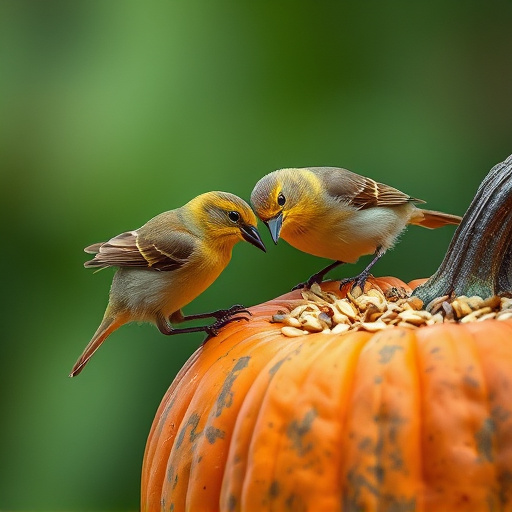 Wild birds eating pumpkin seeds