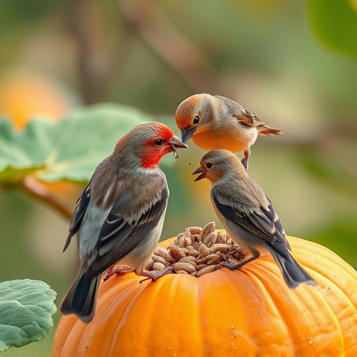 Wild birds eating pumpkin seeds