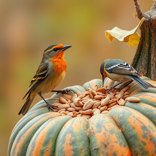 Wild birds eating pumpkin seeds