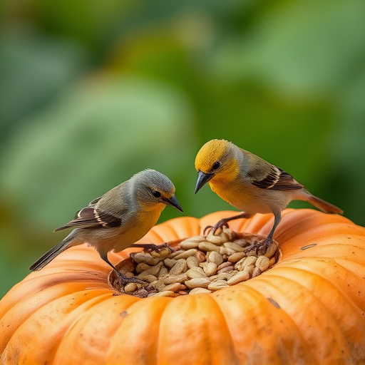Wild birds eating pumpkin seeds