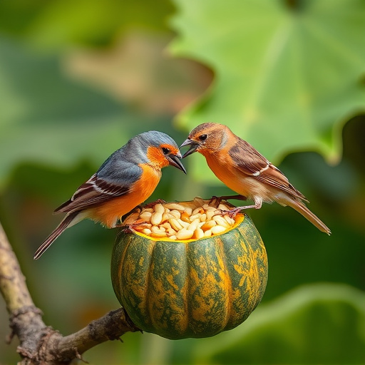 Wild birds eating pumpkin seeds
