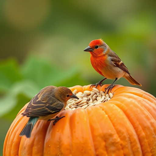 Wild birds eating pumpkin seeds