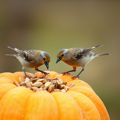 Wild birds eating pumpkin seeds