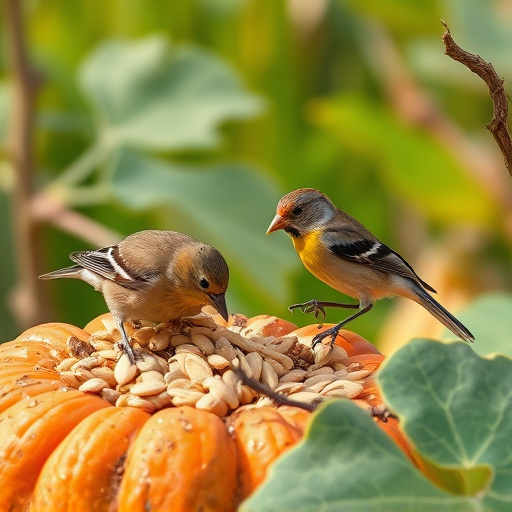 Wild birds eating pumpkin seeds