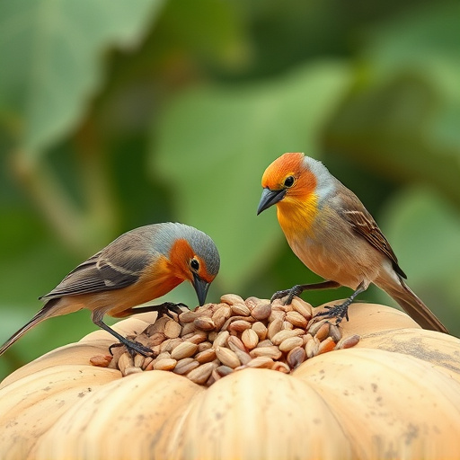 Wild birds eating pumpkin seeds