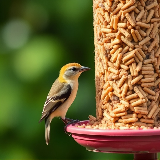 Wild birds eating suet pellets outdoors