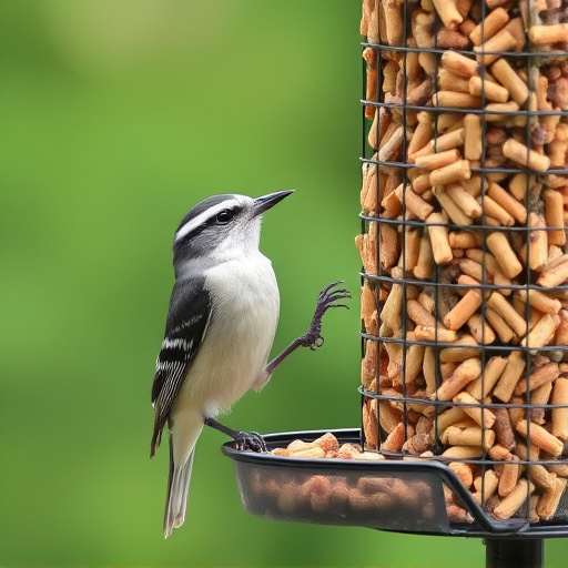 Wild birds eating suet pellets outdoors