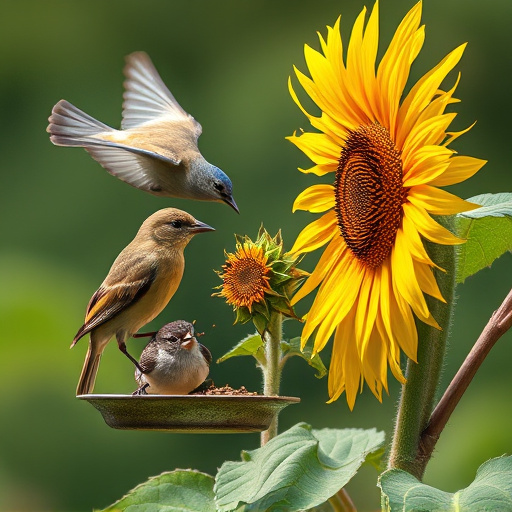 Wild birds eating sunflower hearts
