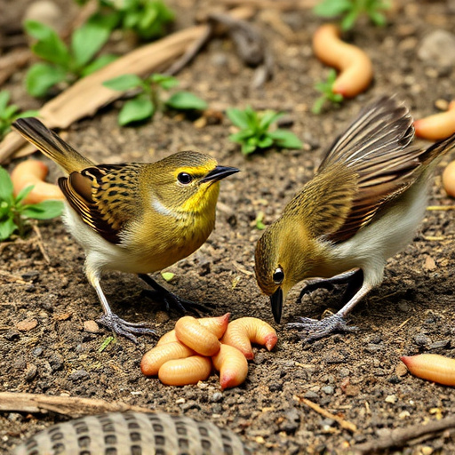 Wild birds enjoying mealworms outdoors
