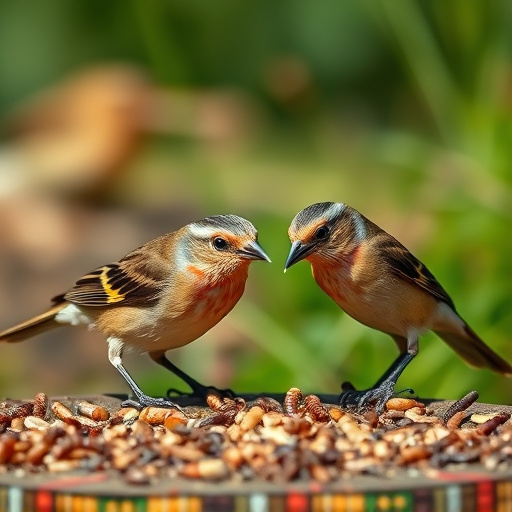 Wild birds enjoying mealworms outdoors