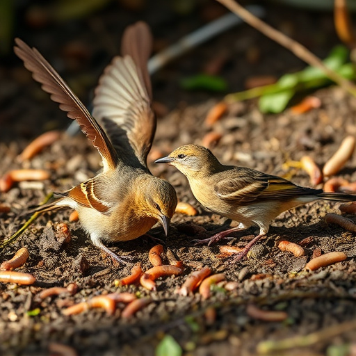 Wild birds enjoying mealworms outdoors