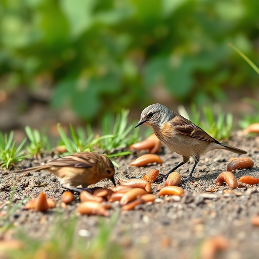 Wild birds enjoying mealworms outdoors