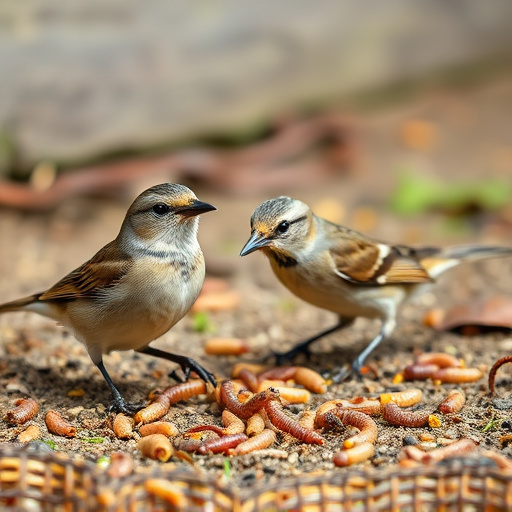 Wild birds enjoying mealworms outdoors