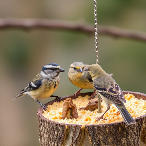 Wild birds enjoying protein-rich suet mix