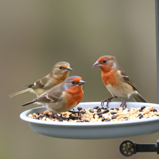 Wild birds feeding from seed tray