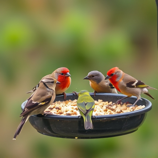 Wild birds feeding from seed tray