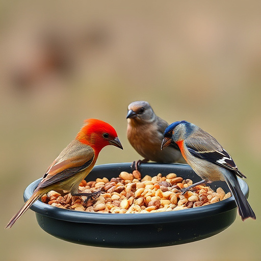 Wild birds feeding from seed tray