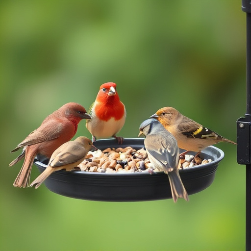 Wild birds feeding from seed tray