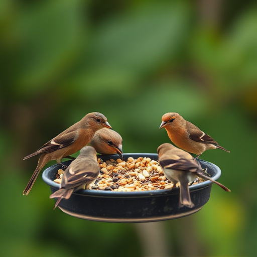 Wild birds feeding from seed tray