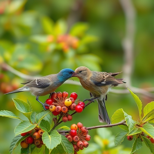 Wild birds feeding on fresh berries