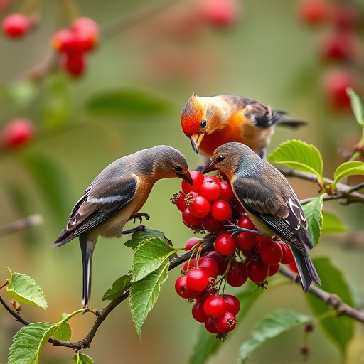 Wild birds feeding on fresh berries