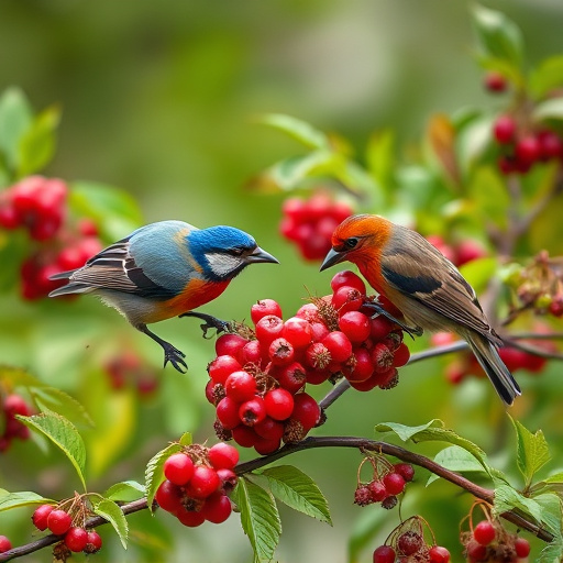 Wild birds feeding on fresh berries