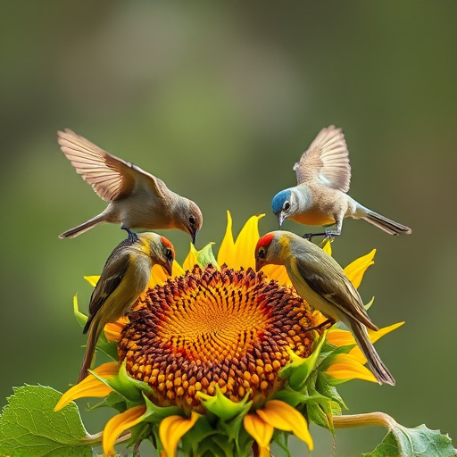 Wild birds feeding on sunflower seeds