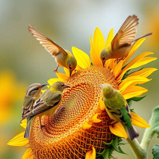 Wild birds feeding on sunflower seeds