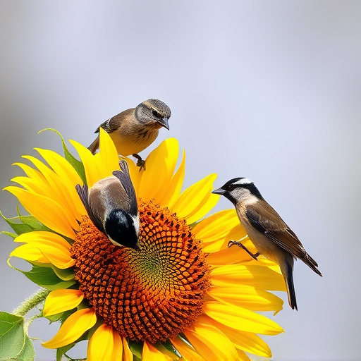 Wild birds feeding on sunflower seeds