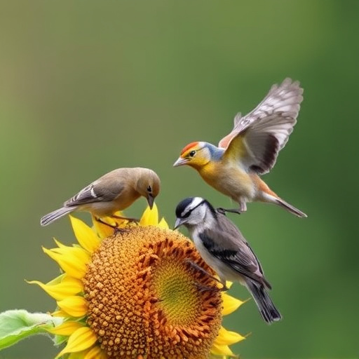 Wild birds feeding on sunflower seeds