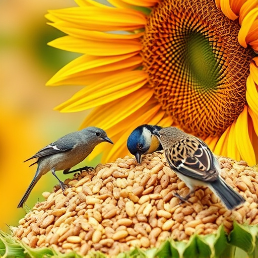 Wild birds feeding on sunflower seeds