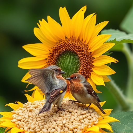 Wild birds feeding on sunflower seeds