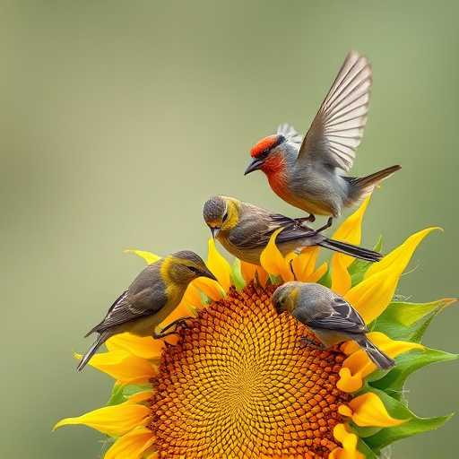 Wild birds feeding on sunflower seeds