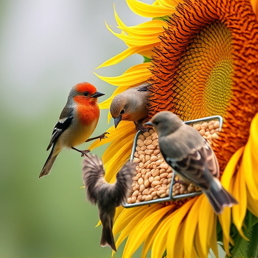 Wild birds feeding on sunflower seeds