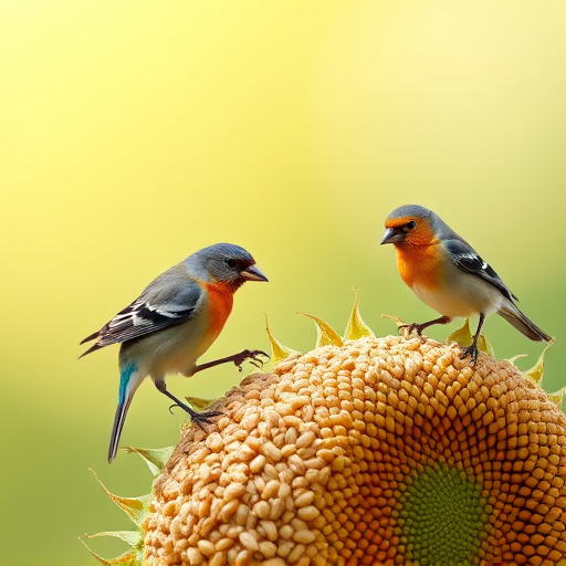 Wild birds feeding on sunflower seeds
