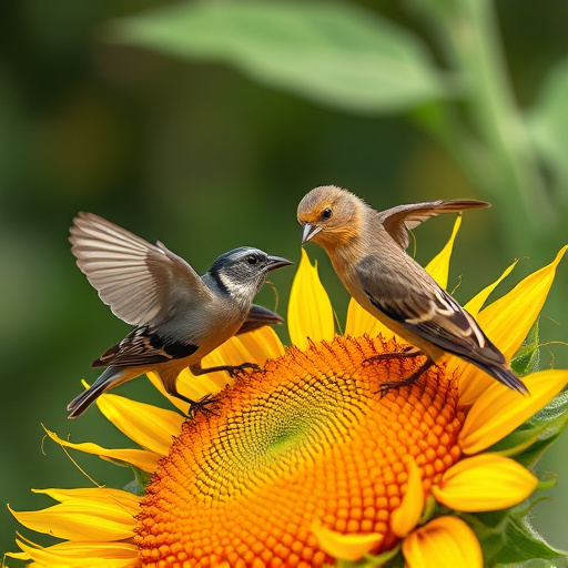 Wild birds feeding on sunflower seeds