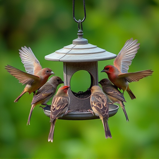 Wild birds gathered around small feeder