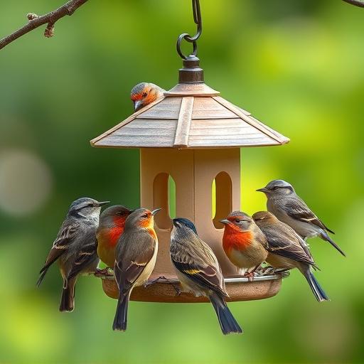 Wild birds gathered around small feeder