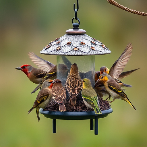 Wild birds gathered around small feeder