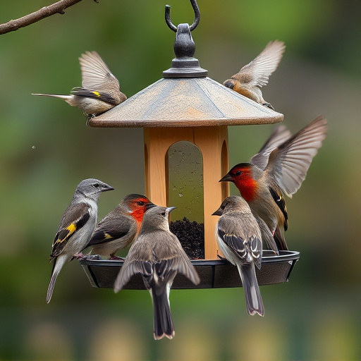 Wild birds gathered around small feeder