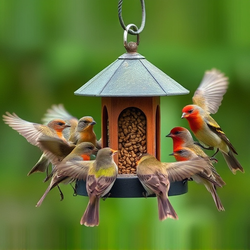 Wild birds gathered around small feeder