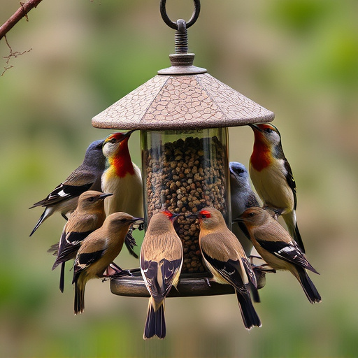 Wild birds gathered around small feeder