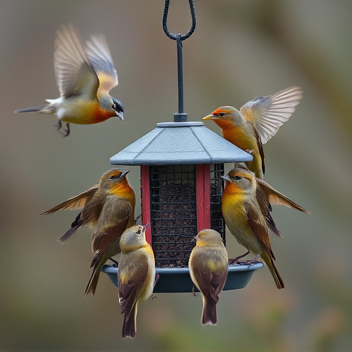 Wild birds gathered around small feeder