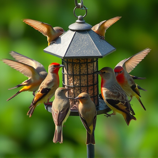 Wild birds gathered around small feeder